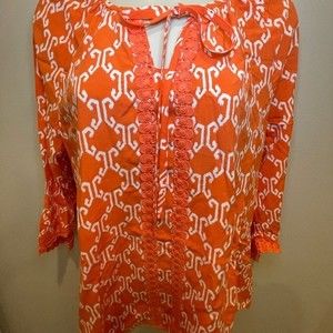 CROWN AND  IVY M  Trellis Orange White  3/4 SLEEVE TUNIC TOP BLOUSE